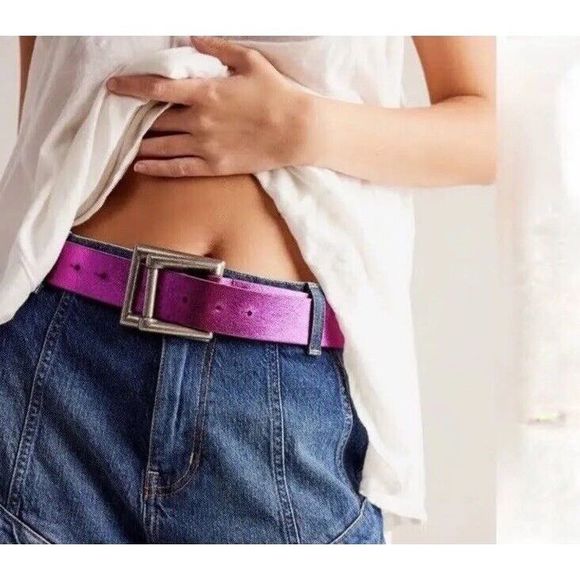 Free People Belt Women Sz M/L We The Free Rowan Metallic Pink Leather Belt - Picture 10 of 11